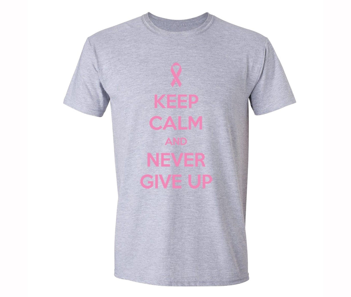 XtraFly Apparel Men's Never Give Up Pink Breast Cancer Ribbon Crewneck Short Sleeve T-Shirt M, image size:1200x1016