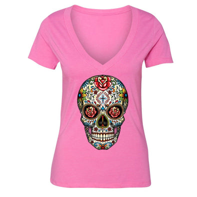 XtraFly Apparel Women's Muerte Cross Sugarskull Skulls Day Of Dead V-neck Short Sleeve T-shirt