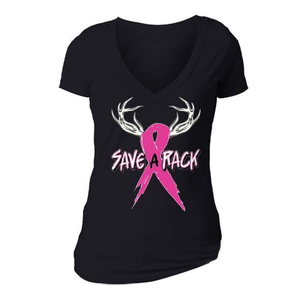 XtraFly Apparel Women's Save a Rack Pink Breast Cancer Ribbon V-Neck Short Sleeve T-Shirt …