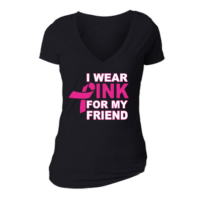 XtraFly Apparel Women's I Wear Pink Friend Breast Cancer Ribbon V-Neck Short Sleeve T-Shirt
