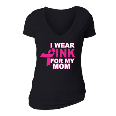 XtraFly Apparel Women's I Wear Pink Mom Breast Cancer Ribbon V-Neck Short Sleeve T-Shirt