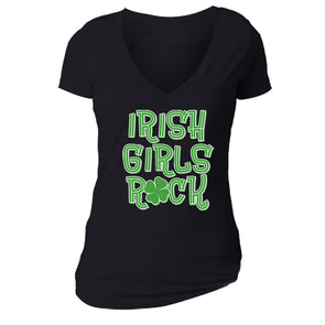 XtraFly Apparel Women's Irish Girls Rock Shamrock St. Patrick's V-Neck Short Sleeve T-Shirt