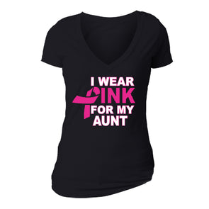 XtraFly Apparel Women's I Wear Pink Aunt Breast Cancer Ribbon V-Neck Short Sleeve T-Shirt