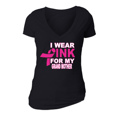 XtraFly Apparel Women's I Wear Pink Grandmother Breast Cancer Ribbon V-Neck Short Sleeve T-Shirt