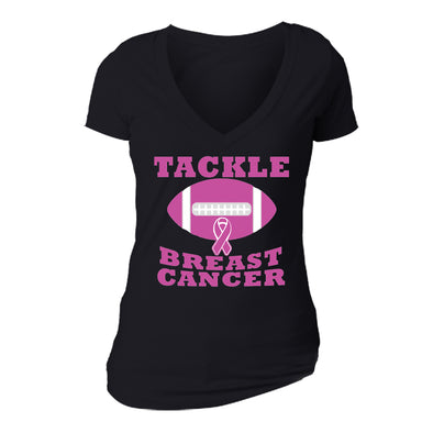 XtraFly Apparel Women's Tackle Pink Football Breast Cancer Ribbon V-Neck Short Sleeve T-Shirt