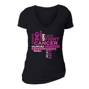 XtraFly Apparel Women's Courage Fight Hope Breast Cancer Ribbon V-Neck Short Sleeve T-Shirt