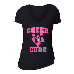 XtraFly Apparel Women's Cheer 4 Cure Pink Breast Cancer Ribbon V-Neck Short Sleeve T-Shirt