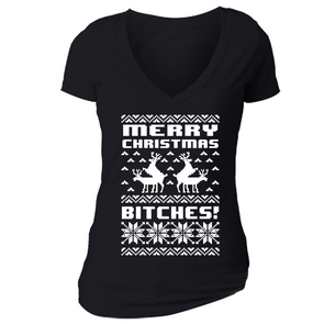 XtraFly Apparel Women's Merry Xmas B*tch*s Ugly Christmas V-neck Short Sleeve T-shirt