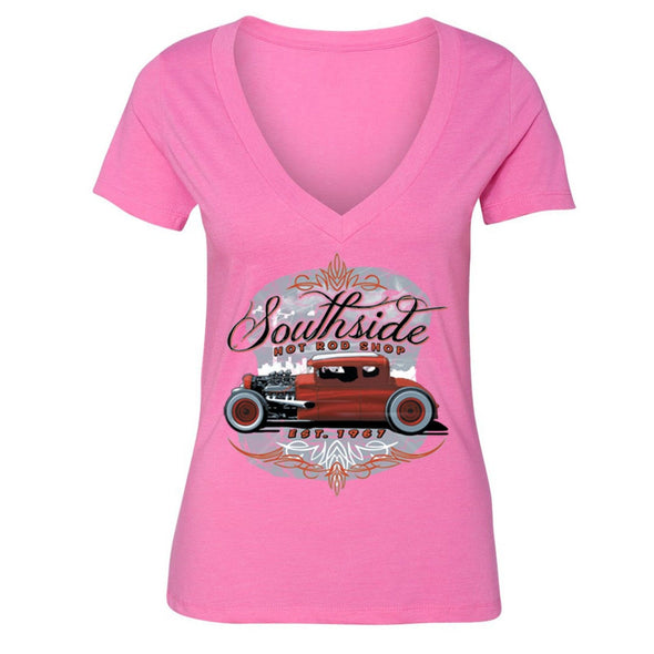 XtraFly Apparel Women's South Side Hot Rod Car Truck Garage V-neck Short Sleeve T-shirt