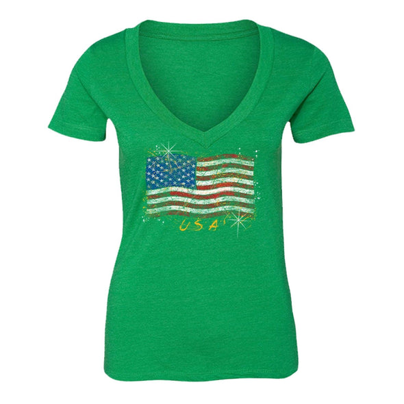 XtraFly Apparel Women's Wavy Flag USA American Pride V-neck Short Sleeve T-shirt