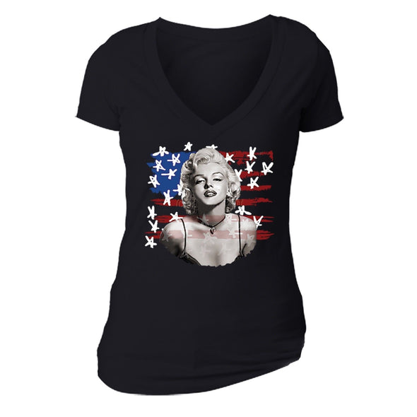 XtraFly Apparel Women's American Flag Distressed 4th of July V-neck Short Sleeve T-shirt