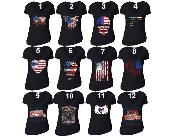 XtraFly Apparel Women's American Flag Distressed 4th of July V-neck Short Sleeve T-shirt