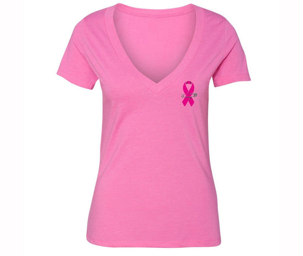 XtraFly Apparel Women's Pocket Pink Ribbon Breast Cancer Ribbon V-neck Short Sleeve T-shirt