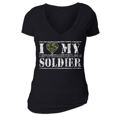 XtraFly Apparel Women's I Love Soldier Camo Military Pow Mia V-neck Short Sleeve T-shirt