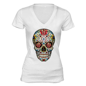 XtraFly Apparel Women's Muerte Cross Sugarskull Skulls Day Of Dead V-neck Short Sleeve T-shirt