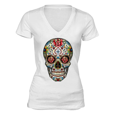 XtraFly Apparel Women's Muerte Cross Sugarskull Skulls Day Of Dead V-neck Short Sleeve T-shirt