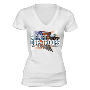 XtraFly Apparel Women's Support Troops Eagle Flag Military Pow Mia V-neck Short Sleeve T-shirt