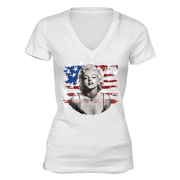 XtraFly Apparel Women's Marilyn Monroe USA Flag American Pride V-neck Short Sleeve T-shirt