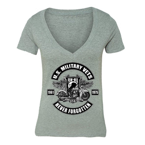 XtraFly Apparel Women's Motorcycle Vets Veteran Military Pow Mia V-neck Short Sleeve T-shirt