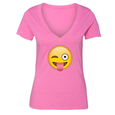 XtraFly Apparel Women's Emoji Wink Tongue Novelty Gag V-neck Short Sleeve T-shirt