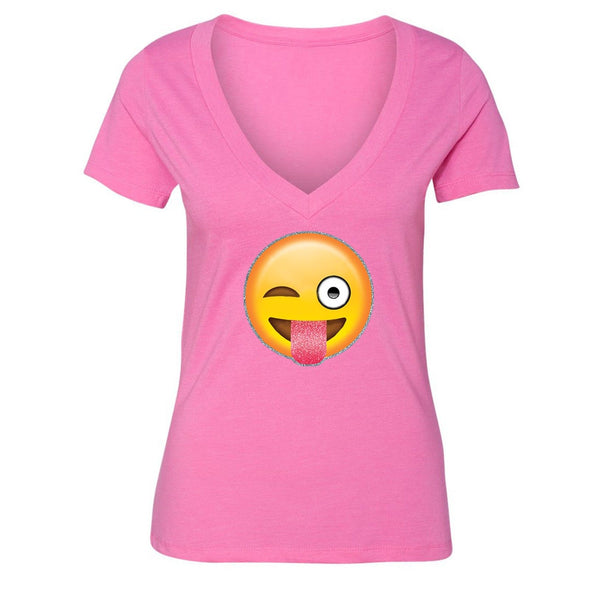XtraFly Apparel Women's Emoji Wink Tongue Novelty Gag V-neck Short Sleeve T-shirt