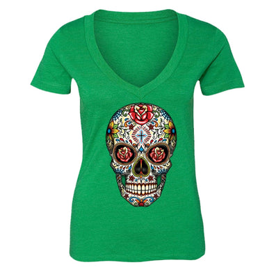 XtraFly Apparel Women's Muerte Cross Sugarskull Skulls Day Of Dead V-neck Short Sleeve T-shirt