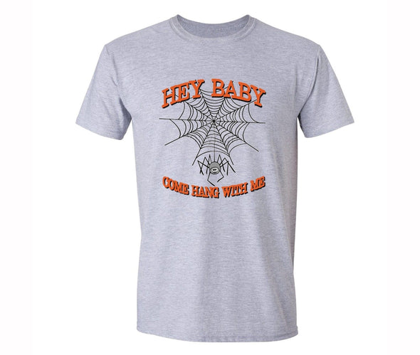 XtraFly Apparel Men's Hey Baby Spider-web Halloween Pumpkin Crewneck Short Sleeve T-shirt