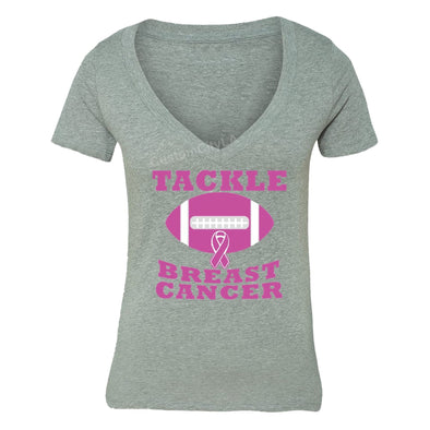 XtraFly Apparel Women's Tackle Pink Football Breast Cancer Ribbon V-neck Short Sleeve T-shirt