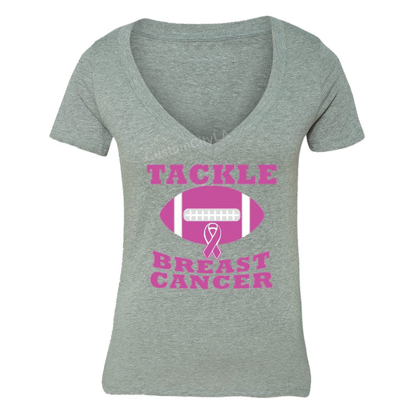 XtraFly Apparel Women's Tackle Pink Football Breast Cancer Ribbon V-neck Short Sleeve T-shirt