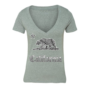 XtraFly Apparel Women's Paisley Bear CA California Pride V-neck Short Sleeve T-shirt