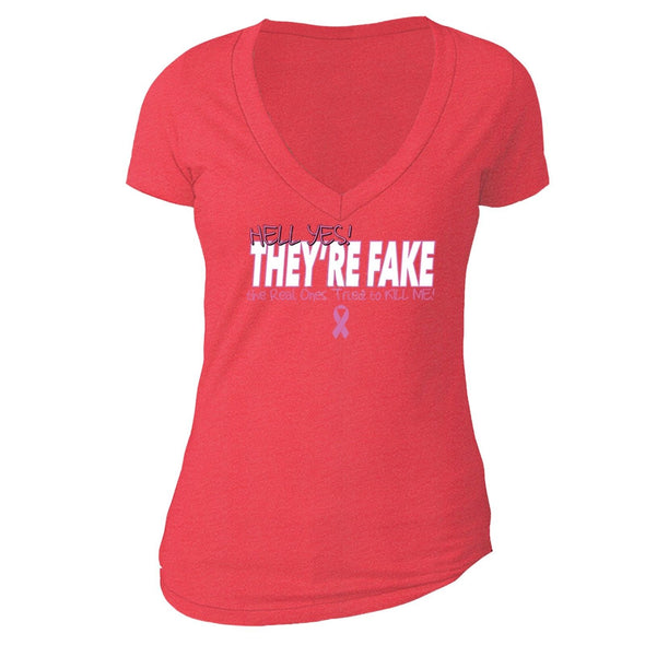 XtraFly Apparel Women's They're Fake Pink Breast Cancer Ribbon V-neck Short Sleeve T-shirt