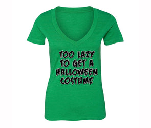 XtraFly Apparel Women's Too Lazy to Get Costume Halloween Pumpkin V-neck Short Sleeve T-shirt