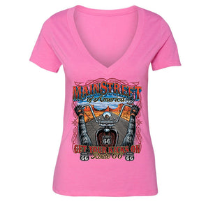 XtraFly Apparel Women's Get Your Kicks On Route 66 Biker Motorcycle V-neck Short Sleeve T-shirt