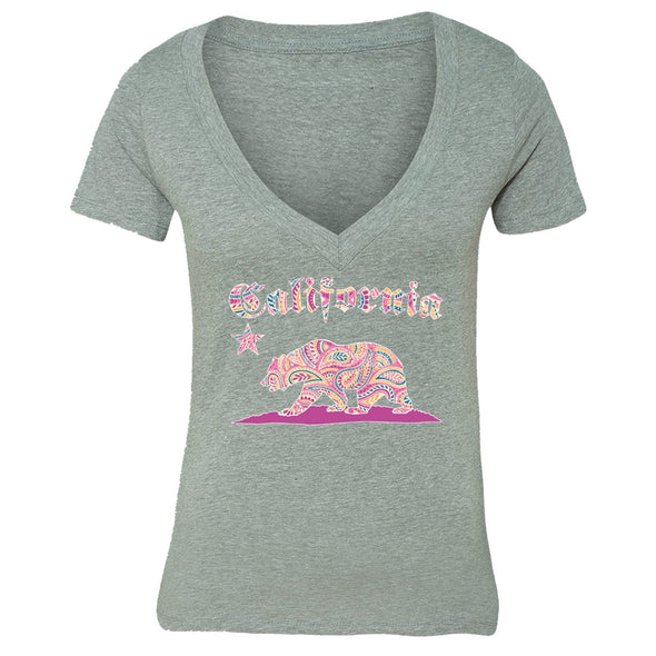 XtraFly Apparel Women's Paisley Pink Bear CA California Pride V-neck Short Sleeve T-shirt