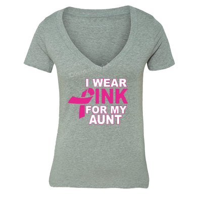 XtraFly Apparel Women's I Wear Pink Aunt Breast Cancer Ribbon V-neck Short Sleeve T-shirt