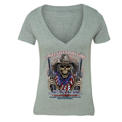 XtraFly Apparel Women's Give up Guns Skull Flag 2nd Amendment V-neck Short Sleeve T-shirt