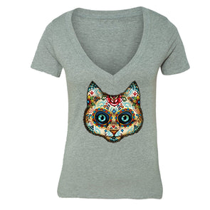 XtraFly Apparel Women's Cat Muerte Sugarskull Skulls Day Of Dead V-neck Short Sleeve T-shirt