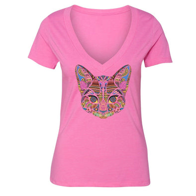 XtraFly Apparel Women's Cat Pussy Cat Pink Tribal Animal V-neck Short Sleeve T-shirt