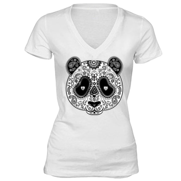 XtraFly Apparel Women's Panda Sugarskull Skulls Day Of Dead V-neck Short Sleeve T-shirt