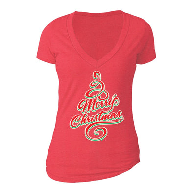 XtraFly Apparel Women's Merry Xmas Family Tree Ugly Christmas V-neck Short Sleeve T-shirt
