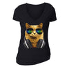 XtraFly Apparel Women's Cat DJ Headphones Animal Lover V-neck Short Sleeve T-shirt