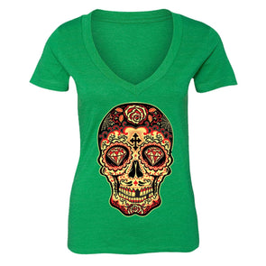XtraFly Apparel Women's Diamond Sugarskull Cross Skulls Day Of Dead V-neck Short Sleeve T-shirt