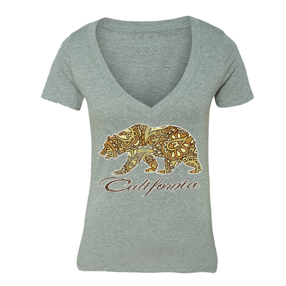 XtraFly Apparel Women's Paisley Brown Bear CA California Pride V-neck Short Sleeve T-shirt