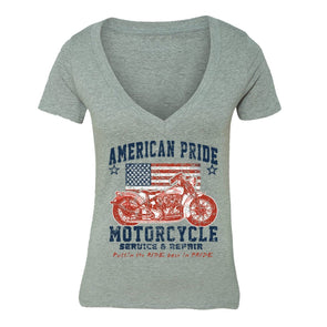 XtraFly Apparel Women's Repair Motorcycle Flag American Pride V-neck Short Sleeve T-shirt