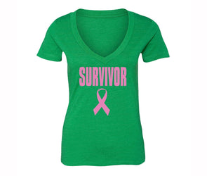 XtraFly Apparel Women's Survivor Pink Breast Cancer Ribbon V-neck Short Sleeve T-shirt