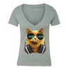 XtraFly Apparel Women's Cat DJ Headphones Animal Lover V-neck Short Sleeve T-shirt