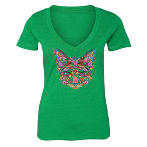 XtraFly Apparel Women's Cat Pussy Cat Pink Tribal Animal V-neck Short Sleeve T-shirt