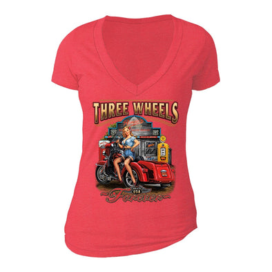XtraFly Apparel Women's Three Wheels Car Truck Garage V-neck Short Sleeve T-shirt