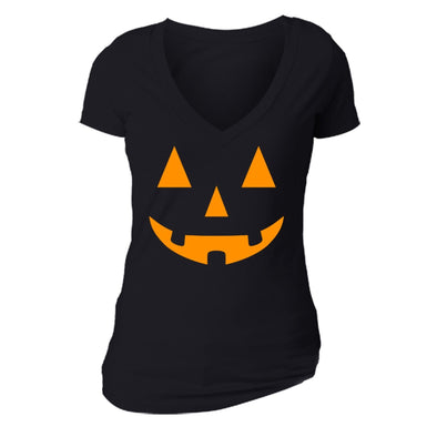 XtraFly Apparel Women's Smiling Jack O'Lantern Halloween Pumpkin V-neck Short Sleeve T-shirt