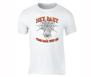 XtraFly Apparel Men's Hey Baby Spider-web Halloween Pumpkin Crewneck Short Sleeve T-shirt